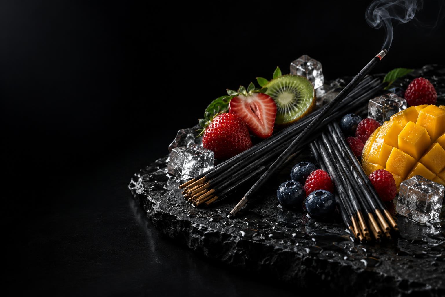 Scent sticks dressed with strawberry, kiwi, blueberry, raspberry and mango with melting ice